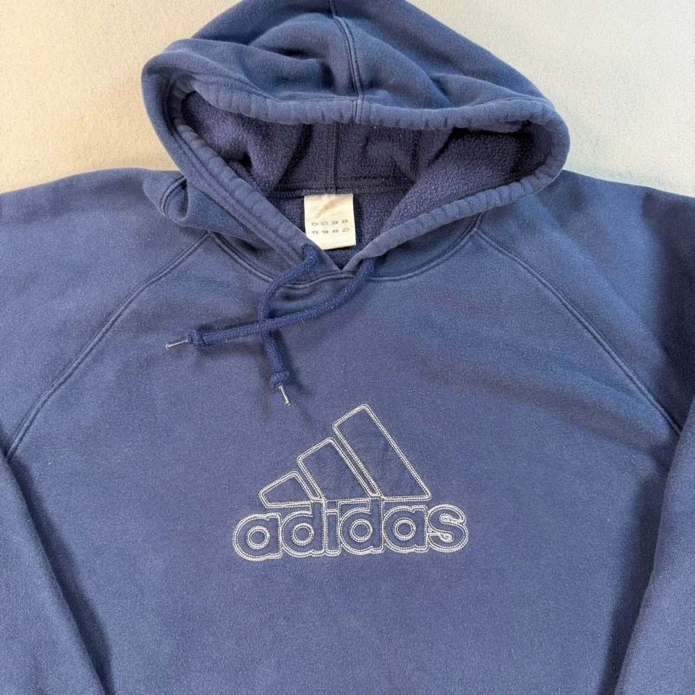 Adidas Mens Vintage Embroidered Logo Hoodie Navy Blue Fleece Pullover Large